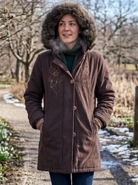 NUAGE Chocolate Brown Sequin Floral Embroidered Faux Fur Hooded Parka Coat Chic